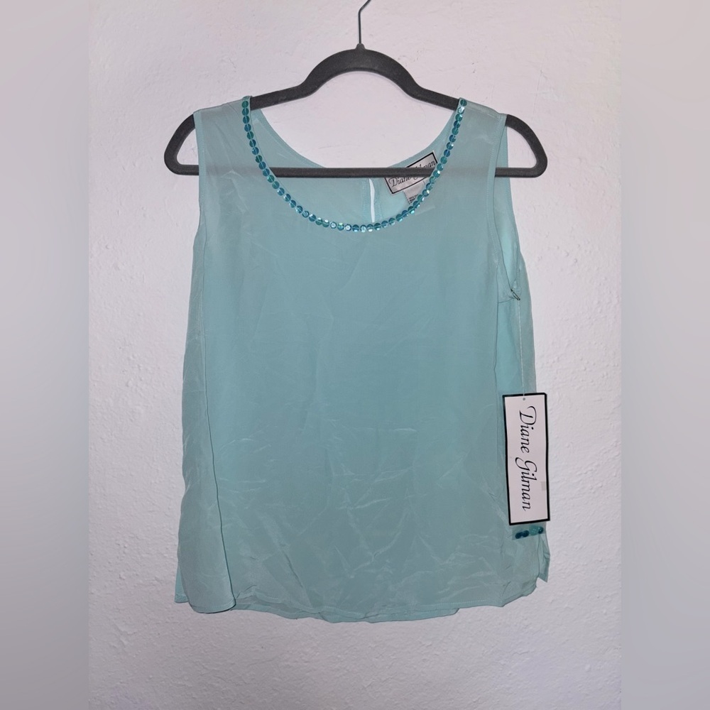 Diane Gilman 100% Silk Aqua Tank with Sequins size Small